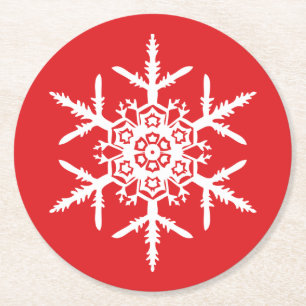 White Snowflake Red Holiday Round Paper Coaster