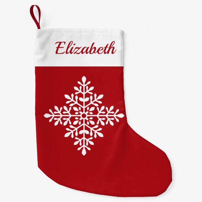 White Snowflake Shape On Red With Custom Name Small Christmas Stocking (Front)