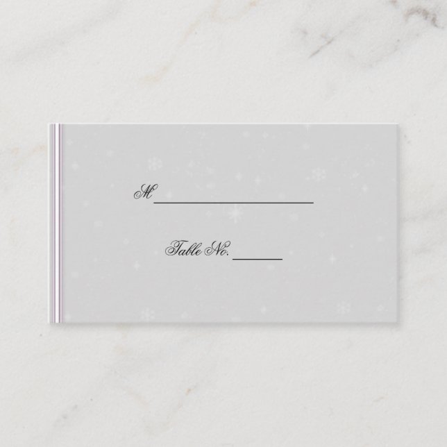 White Snowflake Silver Eggplant Wedding Place Card (Front)