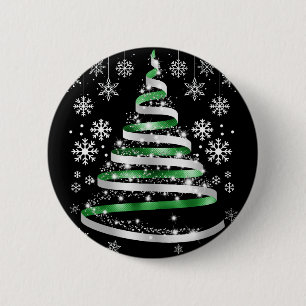 White Snowflake Silver Green Ribbon Christmas Tree 6 Cm Round Badge