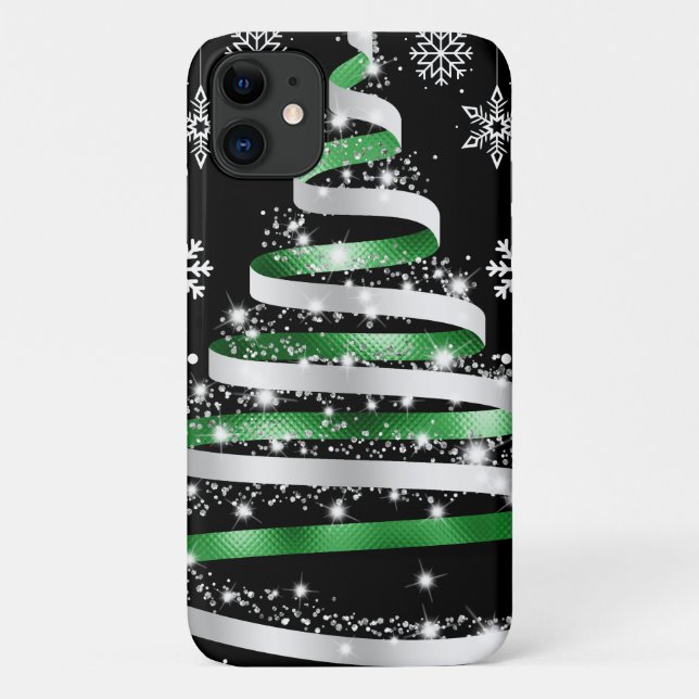 White Snowflake Silver Green Ribbon Christmas Tree Case-Mate iPhone Case (Back)