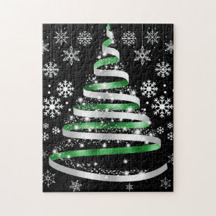 White Snowflake Silver Green Ribbon Christmas Tree Jigsaw Puzzle