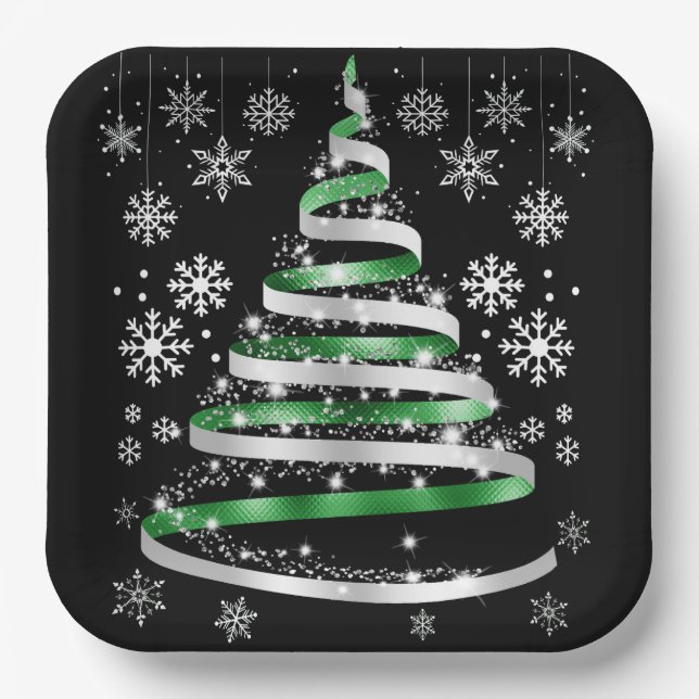 White Snowflake Silver Green Ribbon Christmas Tree Paper Plate (Front)