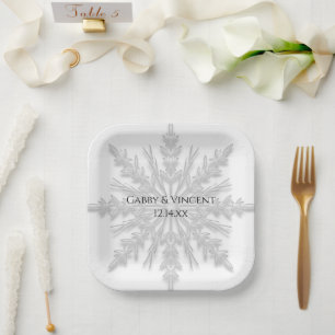White Snowflake Winter Wedding Paper Plate