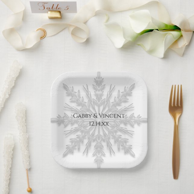 White Snowflake Winter Wedding Paper Plate (Wedding)