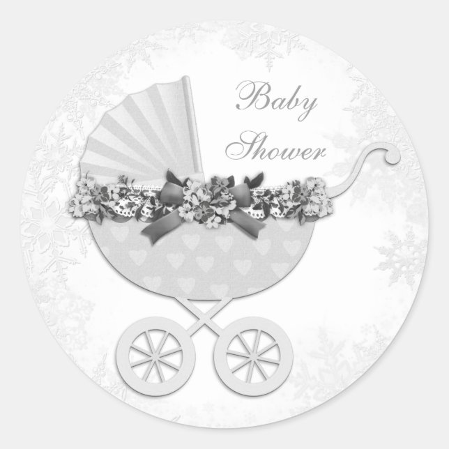 White Snowflake Winter Wonderland Baby Shower Classic Round Sticker (Front)