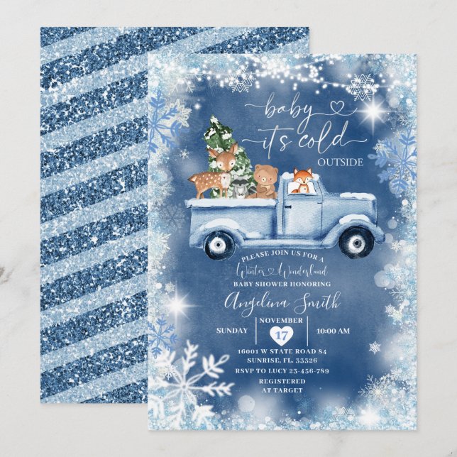  White Snowflake Woodland Animal Baby Shower Invitation (Front/Back)