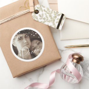 White Snowflake Your Photo Peace Holiday Christmas Classic Round Sticker