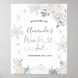 White snowflakes 1st Birthday Welcome Sign