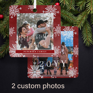White snowflakes 2 family photo personalised red metal tree decoration