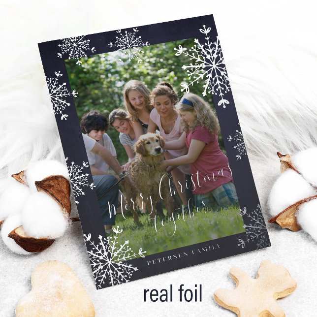 White snowflakes 2 photos family Christmas navy Foil Holiday Card (Creator Uploaded)