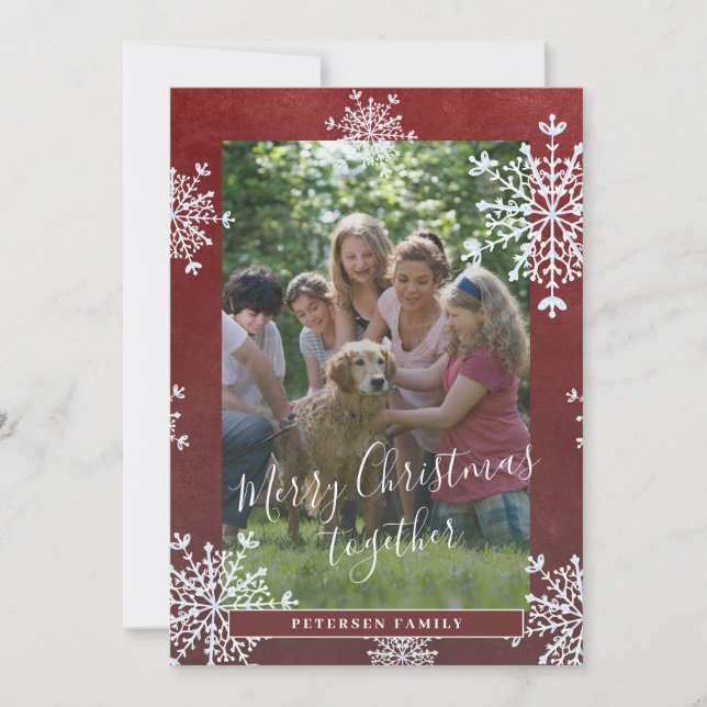 White snowflakes 2 photos family Christmas red Holiday Card (Front)