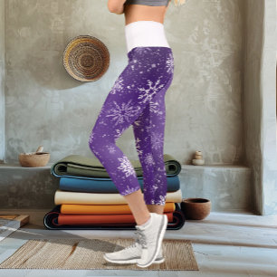White Snowflakes Amethyst Purple Capri Leggings