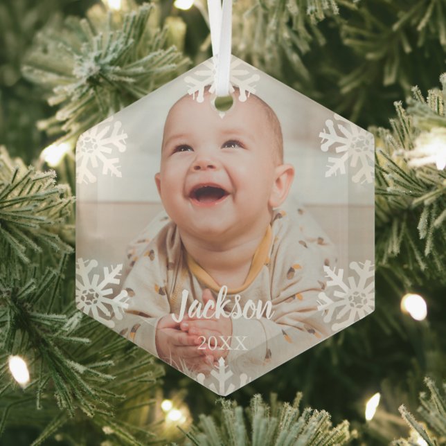 White Snowflakes Baby Photo Glass Tree Decoration (Insitu)
