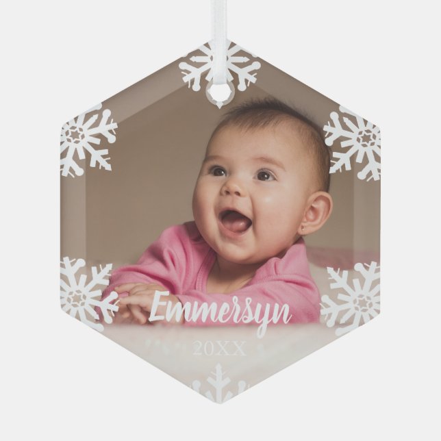 White Snowflakes Baby Photo Glass Tree Decoration (Front)