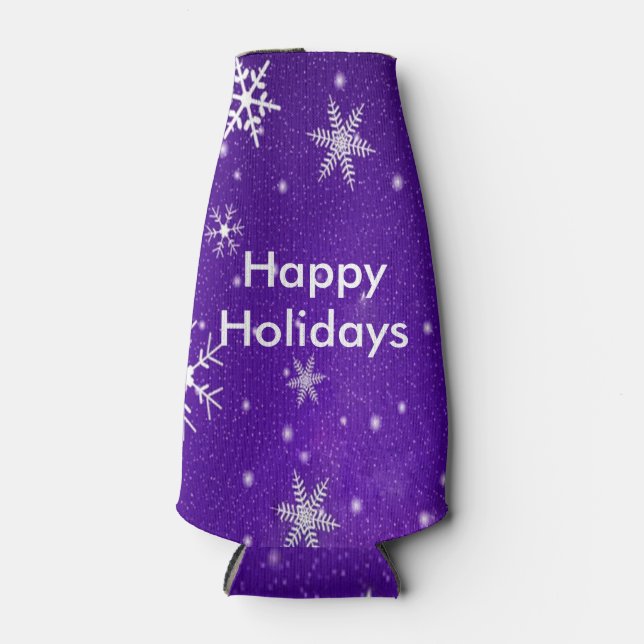 White Snowflakes Blue Background Bottle Cooler (Front)