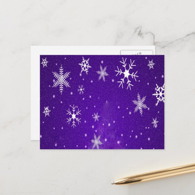 White Snowflakes Blue Background Postcard (Front/Back In Situ)