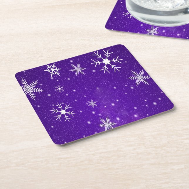 White Snowflakes Blue-Purple Backgd Paper Coasters (Angled)