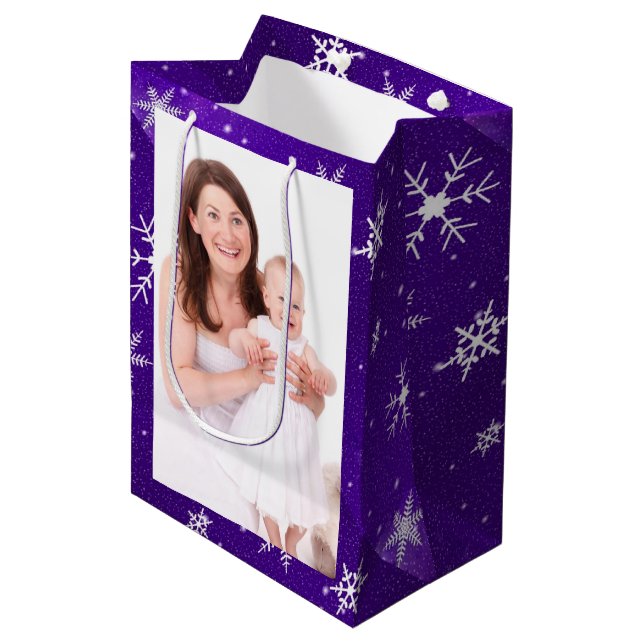White Snowflakes Blue-Purple Backgrd Med Gift Bag (Front Angled)