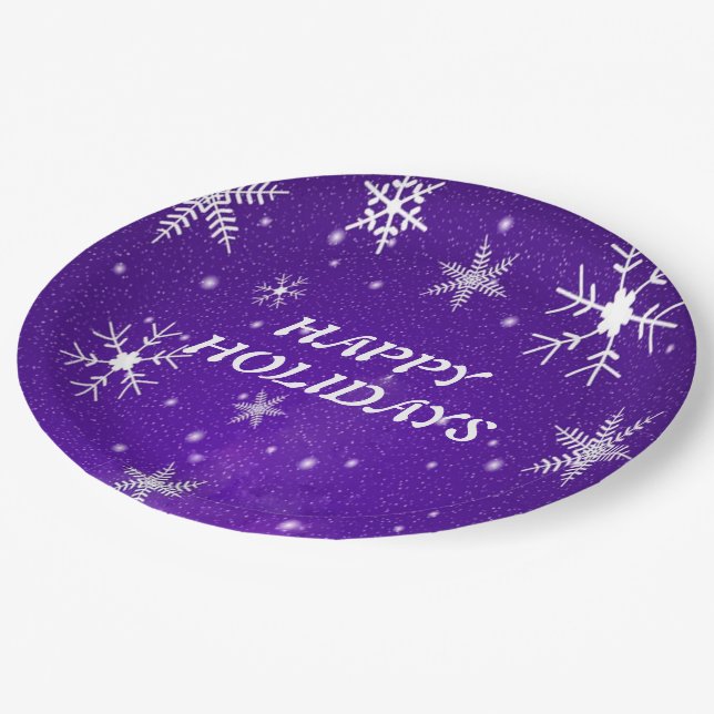 White Snowflakes Blue-Purple Backgrd Paper Plates (Angled)