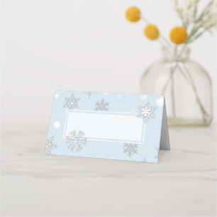 White Snowflakes Blue Wedding Folded Place Card