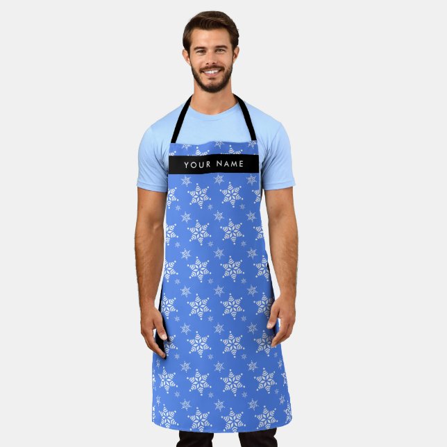 White Snowflakes, Blue, Your name, Personalise Apron (Worn)