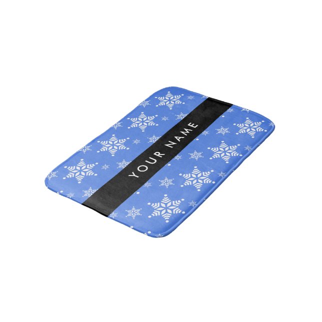 White Snowflakes, Blue, Your name, Personalise Bath Mat (Angled)