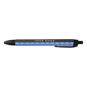 White Snowflakes, Blue, Your name, Personalise Black Ink Pen