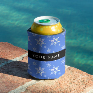 White Snowflakes, Blue, Your name, Personalise Can Cooler