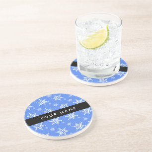 White Snowflakes, Blue, Your name, Personalise Coaster