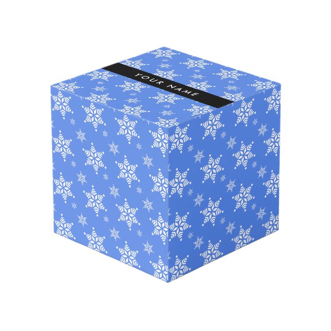 White Snowflakes, Blue, Your name, Personalise Cube (Front Angled)