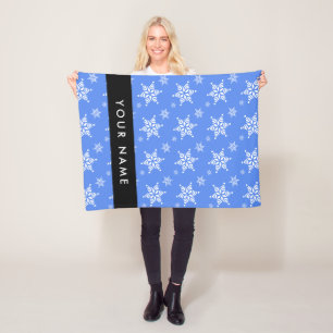 White Snowflakes, Blue, Your name, Personalise Fleece Blanket