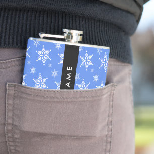White Snowflakes, Blue, Your name, Personalise Hip Flask