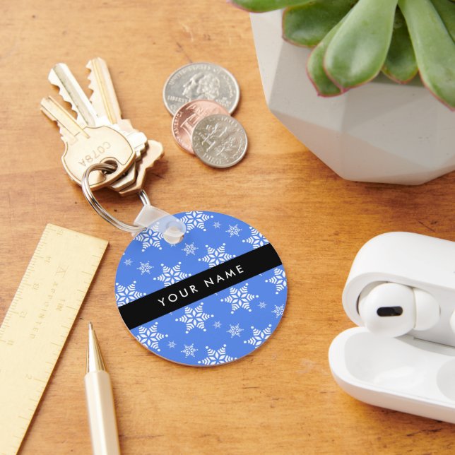 White Snowflakes, Blue, Your name, Personalise Key Ring (Desk)