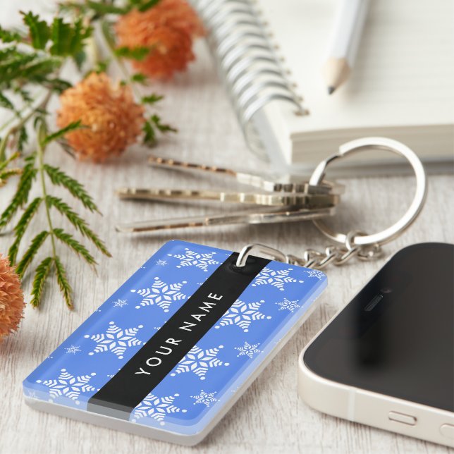 White Snowflakes, Blue, Your name, Personalise Key Ring (Front Right)