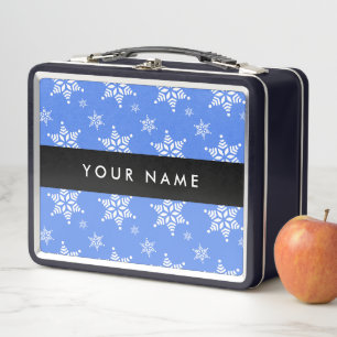 White Snowflakes, Blue, Your name, Personalise Metal Lunch Box