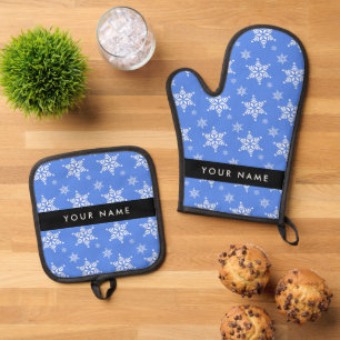 White Snowflakes, Blue, Your name, Personalise Oven Mitt & Pot Holder Set
