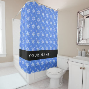White Snowflakes, Blue, Your name, Personalise Shower Curtain