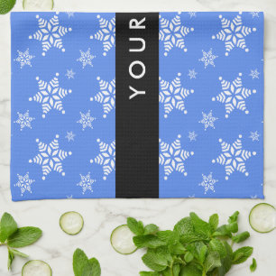 White Snowflakes, Blue, Your name, Personalise Tea Towel