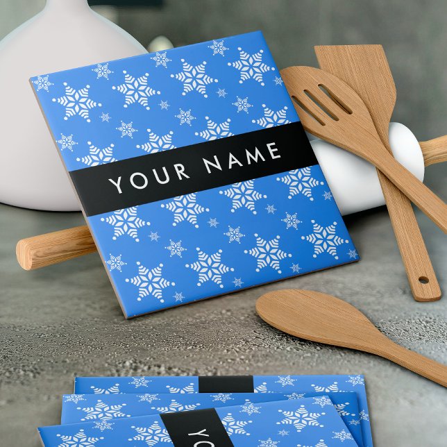 White Snowflakes, Blue, Your name, Personalise Tile (Creator Uploaded)