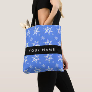 White Snowflakes, Blue, Your name, Personalise Tote Bag
