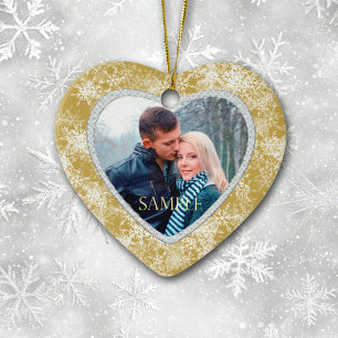 White Snowflakes Border on Gold Photo Template Ceramic Tree Decoration