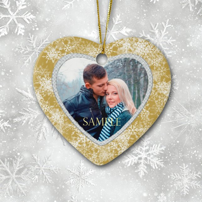 White Snowflakes Border on Gold Photo Template Ceramic Tree Decoration (Creator Uploaded)