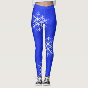 White Snowflakes Bright Blue Background Leggings