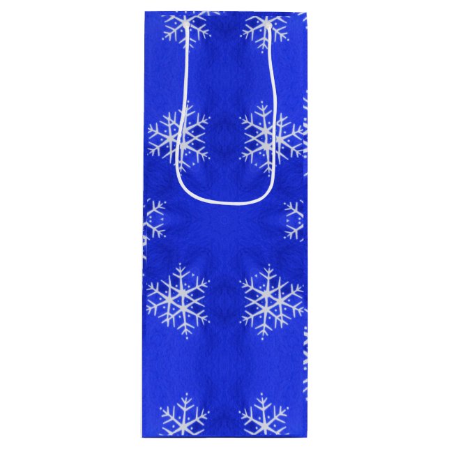 White Snowflakes Bright Blue Background Wine Gift Bag (Front)