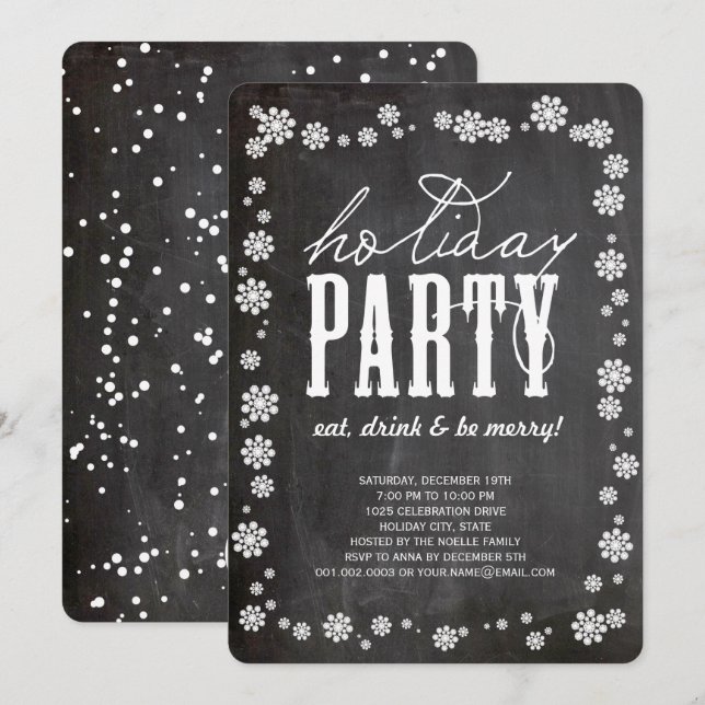 White Snowflakes Chalkboard Holiday Party Invite (Front/Back)