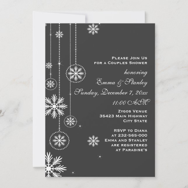 White snowflakes charcoal wedding couples shower invitation (Front)