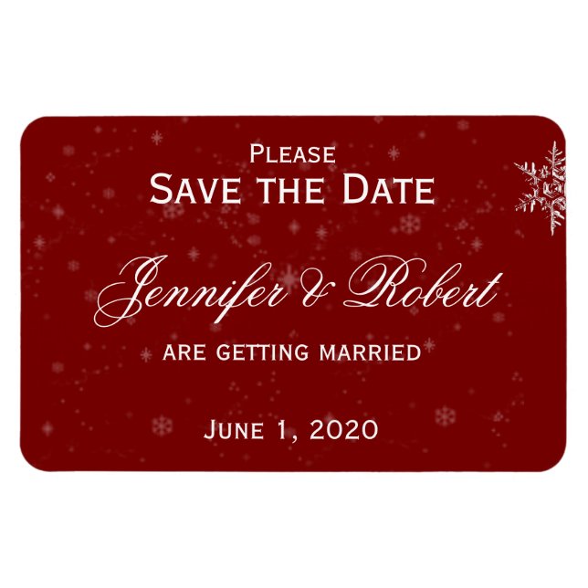White Snowflakes Cranberry Wedding Save the Date Magnet (Horizontal)