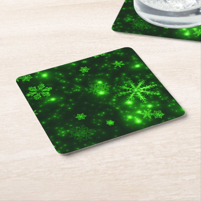 White Snowflakes Deep Green Paper Coasters (Angled)