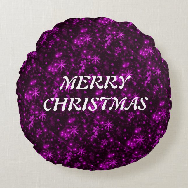White Snowflakes Deep Purple Round Cushion (Front)